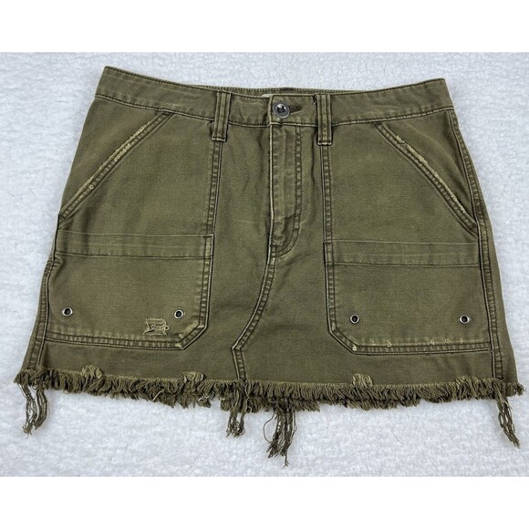 Free People Skirt Womens 29 Olive Green Distressed Frayed Hem Mini Cargo Y2K - Picture 1 of 5